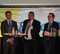 Jyrki Katainen (chairman of the National Coalition Party), Timo Soini (chairman of the Finns Party) and Carl Haglund (chairman of the Swedish People's Party)in a debate in Lasipalatsi, Helsinki on 9 May 2014, ahead of the 2014 European Parliament election.